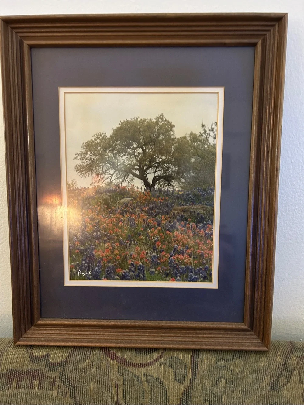 Crescent Wildflower Field Print with Blue Mat and Brown Frame